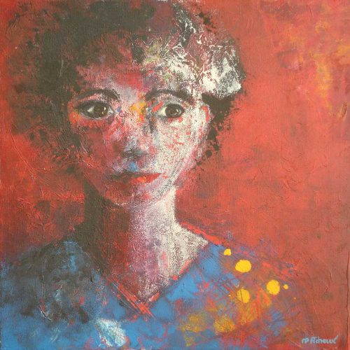 Frauenportrait mit rotem Hintergrund / Portrait de femme sur fond rouge | 50 x 50 | Acryl auf Leinwand / Acrylique sur toile
